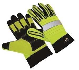 Green hivis, molded TPR fingers, synthetic leather, EVA foam palm padding, slip on stylemec