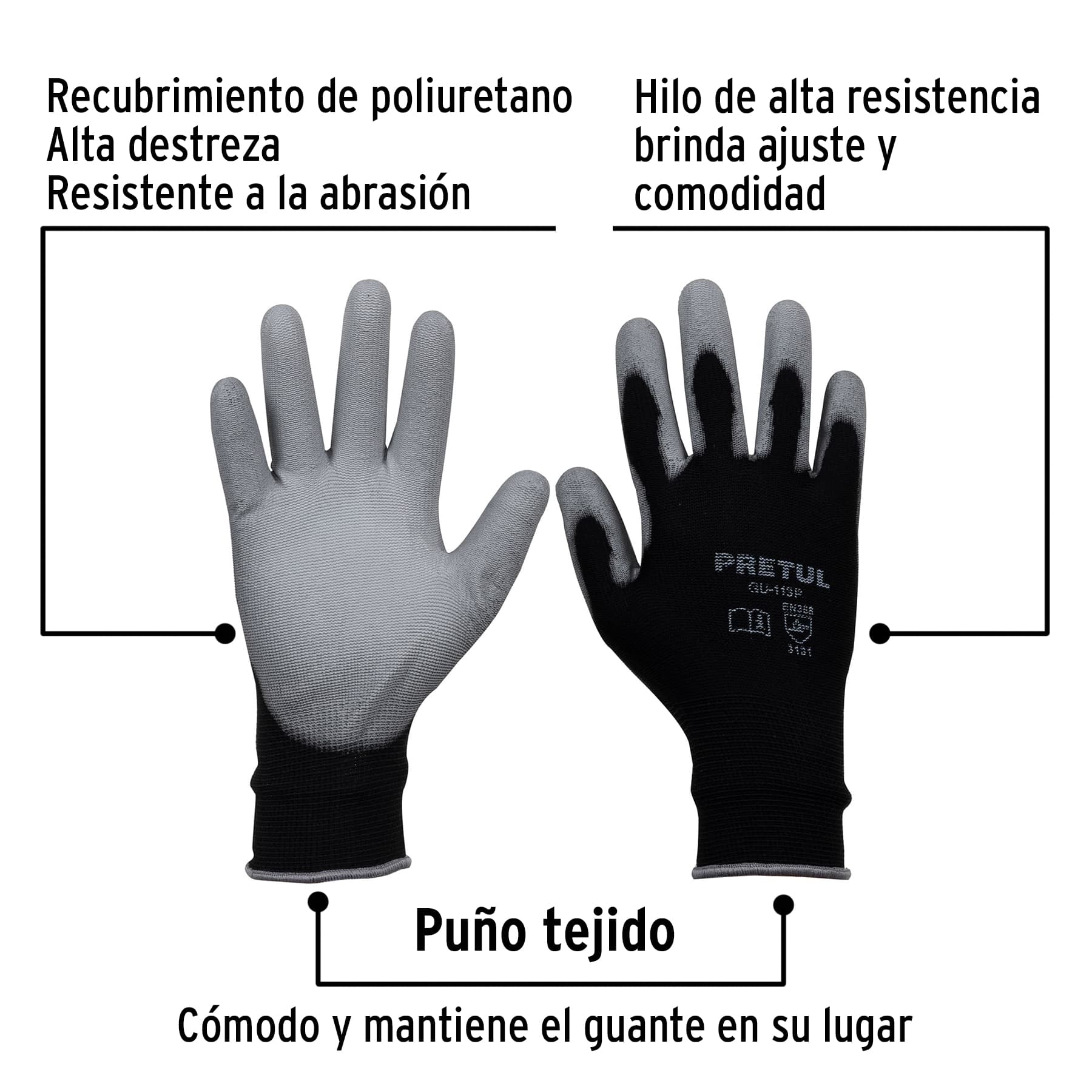 Guantes de nylon recubiertos de poliuretano, grandes, Pretul - GU-113P / 20031