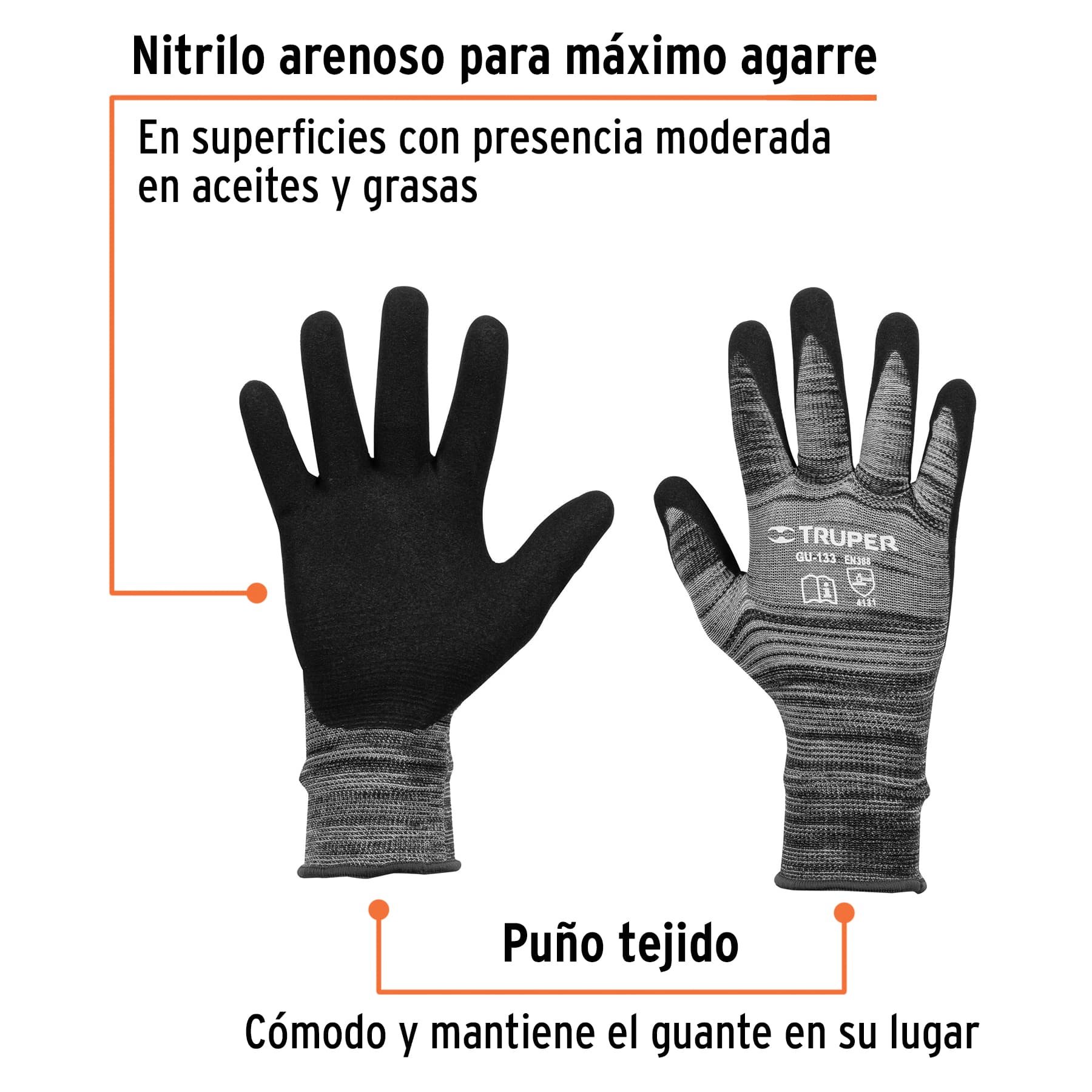 Guantes de nylon recubiertos de nitrilo arenoso, grandes - GU-133 / 17065