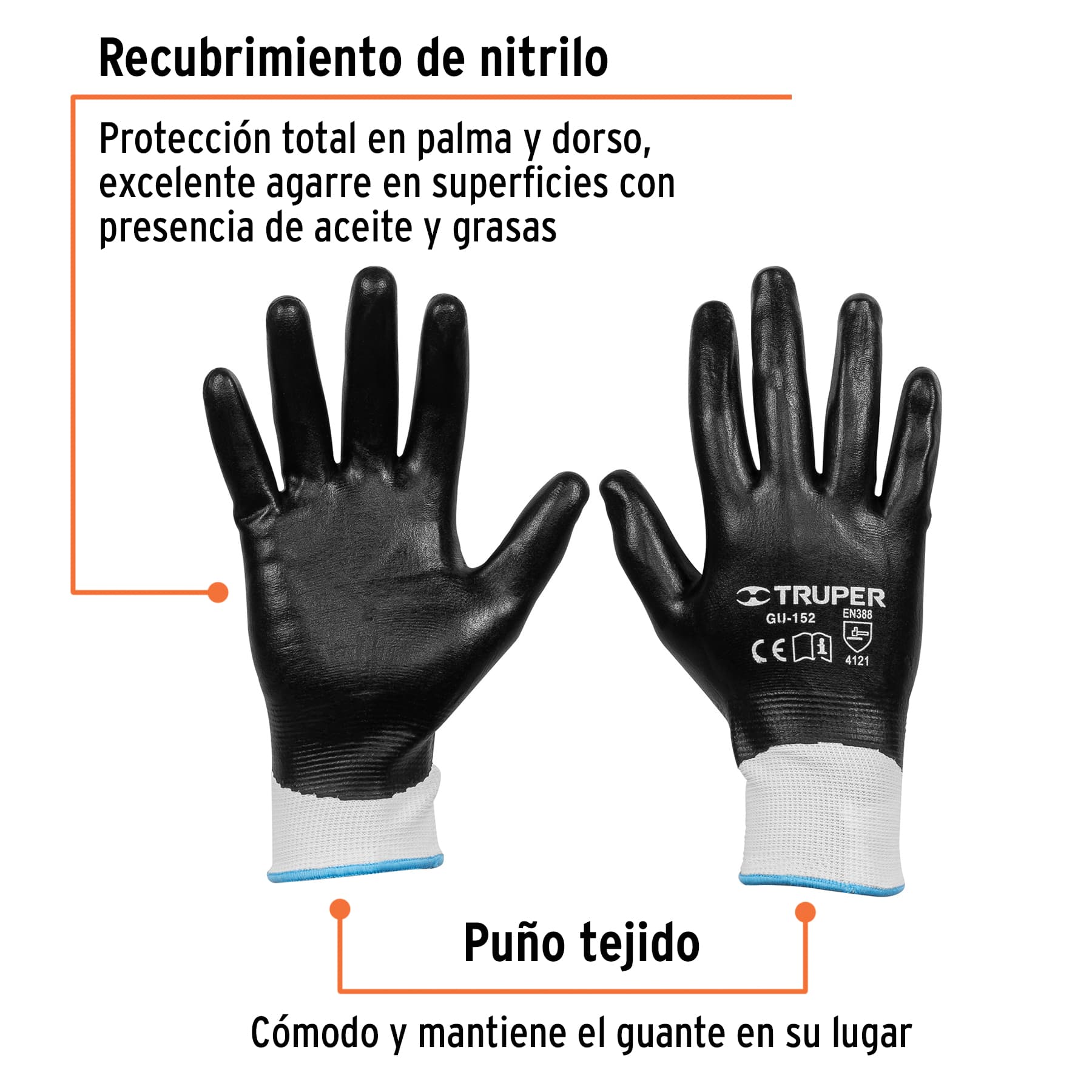 Guantes de poliéster con recubrimiento de nitrilo, medianos - GU-152 / 18026