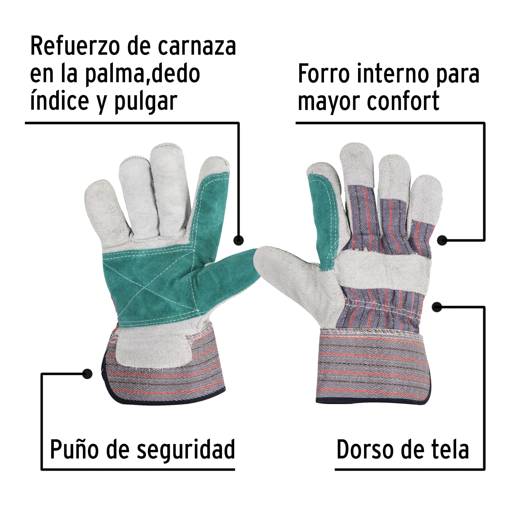 Guantes de carnaza y loneta con refuerzo, unitalla, Pretul - GU-215P / 29977