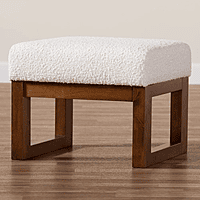 Modern White Bouclé Ottoman | Rectangular Wood Base Vanity Stool Modern White Bouclé Ottoman | Rectangular Wood Base Vanity Stool