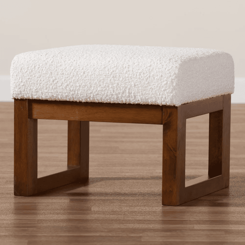Modern White Bouclé Ottoman | Rectangular Wood Base Vanity Stool Modern White Bouclé Ottoman | Rectangular Wood Base Vanity Stool