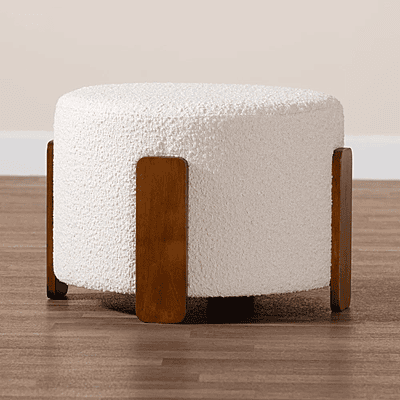 Boucle Upholstered Round Ottoman with Wood Legs - Modern Accent Stool