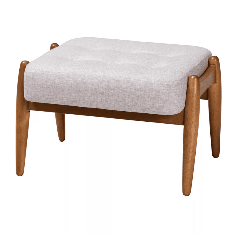 Mid-Century Modern Upholstered Ottoman Footstool - Grey Fabric & Wood Legs Mid-Century Modern Upholstered Ottoman Footstool - Grey Fabric & Wood Legs