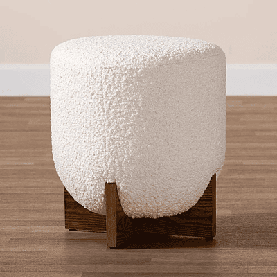 Modern White Bouclé Ottoman | Cozy Sherpa Footstool with Wood Base