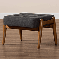 Mid-Century Modern Dark Grey Fabric Ottoman - Tufted Wood Footstool Mid-Century Modern Dark Grey Fabric Ottoman - Tufted Wood Footstool