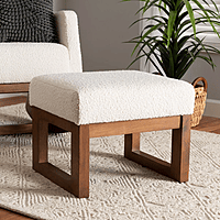 Modern White Bouclé Ottoman | Rectangular Wood Base Vanity Stool Modern White Bouclé Ottoman | Rectangular Wood Base Vanity Stool