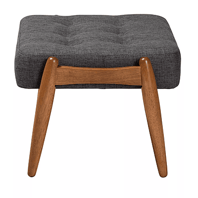 Mid-Century Modern Dark Grey Fabric Ottoman - Tufted Wood Footstool