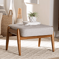Rio Ottoman – Natural Linen with Sculpted Walnut Legs Rio Ottoman – Natural Linen with Sculpted Walnut Legs