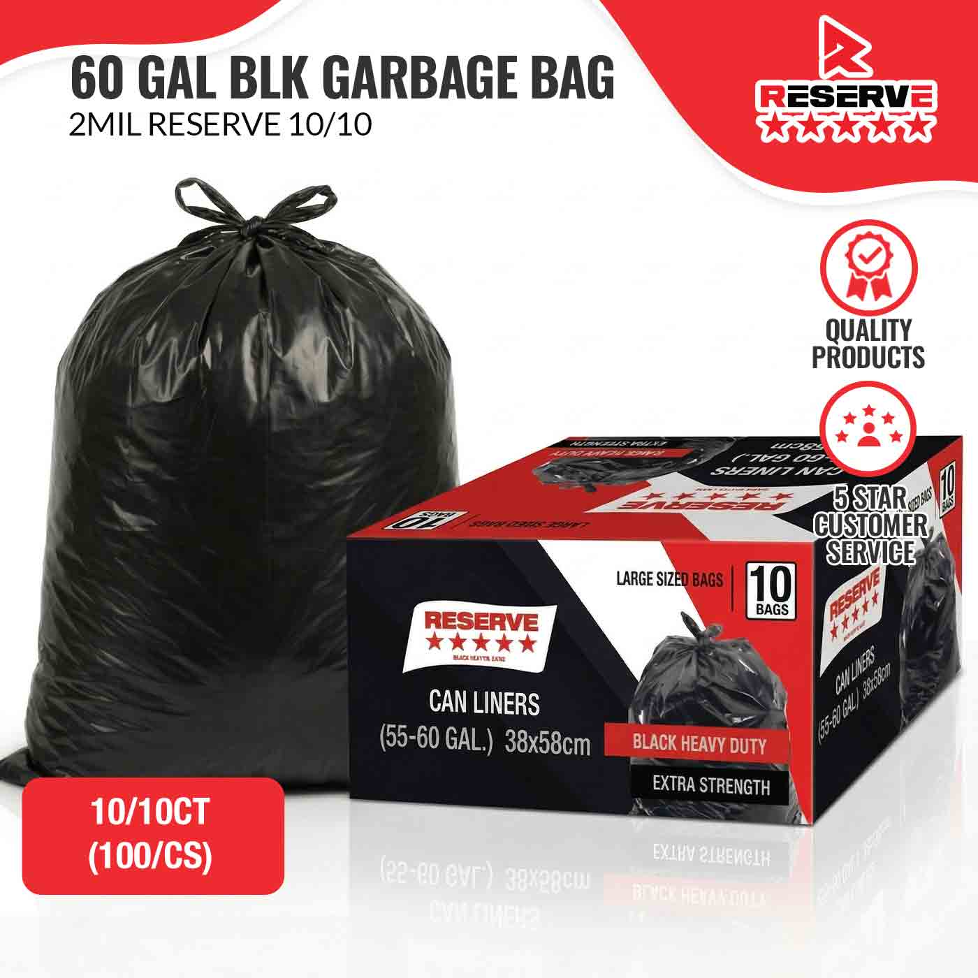 Garbage Bag 60gal BLK Reserve 2mil 10/10