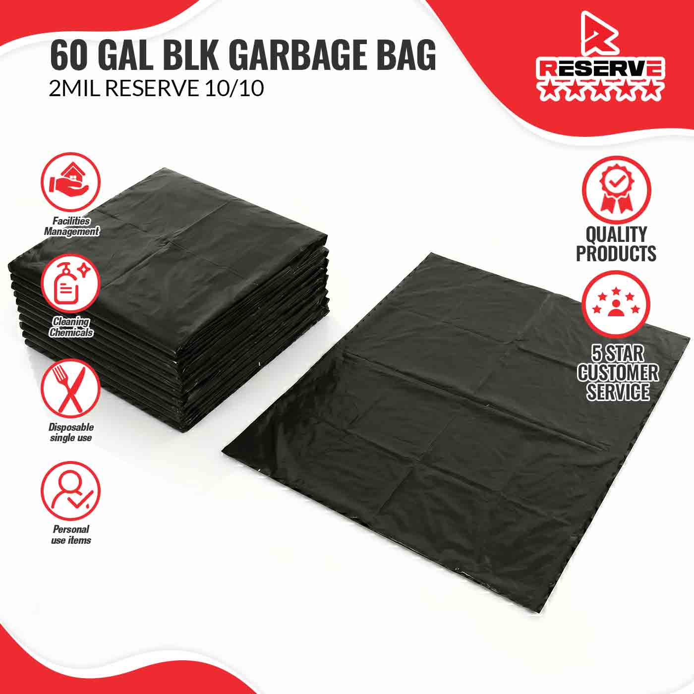 Garbage Bag 60gal BLK Reserve 2mil 10/10
