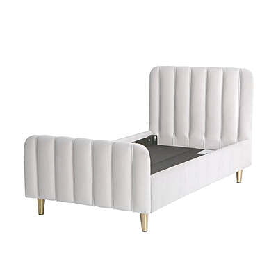 White Velvet Upholstered Twin Bed for Kids – Vertical Channel Tufting & Gold Legs