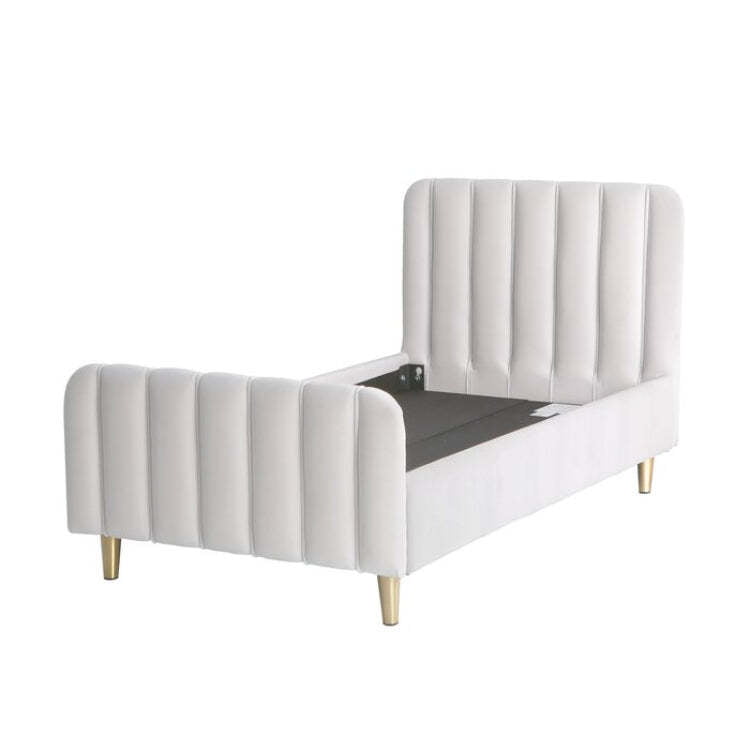 White Velvet Upholstered Twin Bed for Kids – Vertical Channel Tufting & Gold Legs White Velvet Upholstered Twin Bed for Kids – Vertical Channel Tufting & Gold Legs