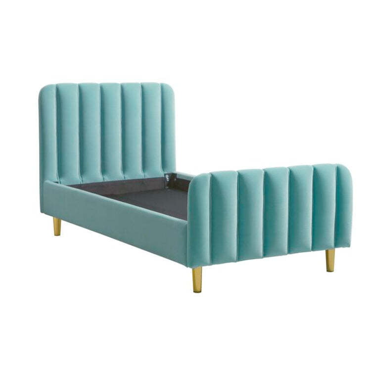 Teal Velvet Upholstered Twin Bed for Kids – Vertical Channel Tufting & Gold Legs Teal Velvet Upholstered Twin Bed for Kids – Vertical Channel Tufting & Gold Legs