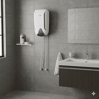 Lifestyle image of the Kenstar Inste 3L water heater installed in a small bathroom. Lifestyle image of the Kenstar Inste 3L water heater installed in a small bathroom.