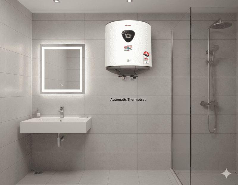 The Padmini Electric Water Heater Deluxe 10L installed neatly above a kitchen sink in a Delhi home.