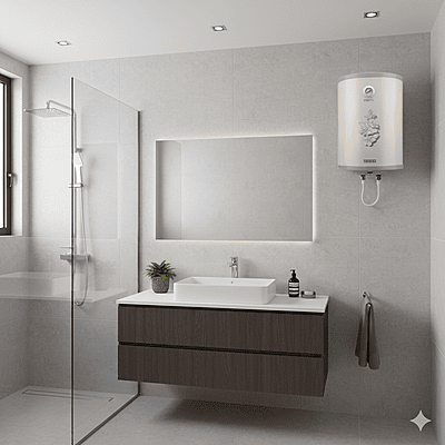 An elegant Usha 15L water heater in a subtle Misty-Ivory finish.