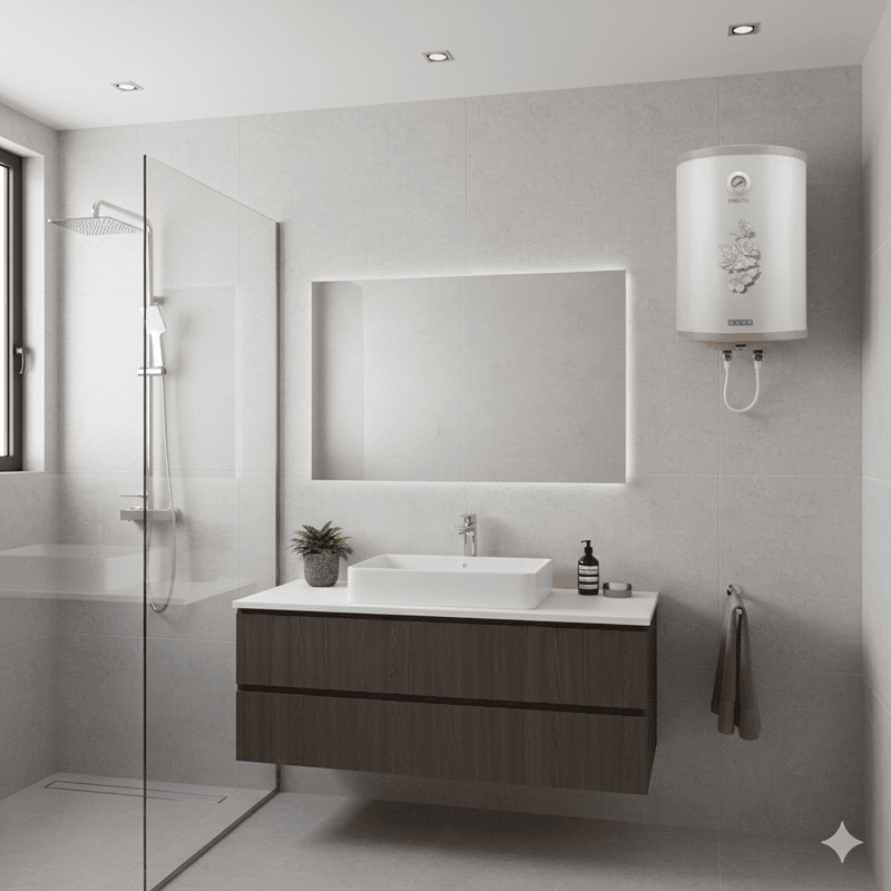 An elegant Usha 15L water heater in a subtle Misty-Ivory finish.