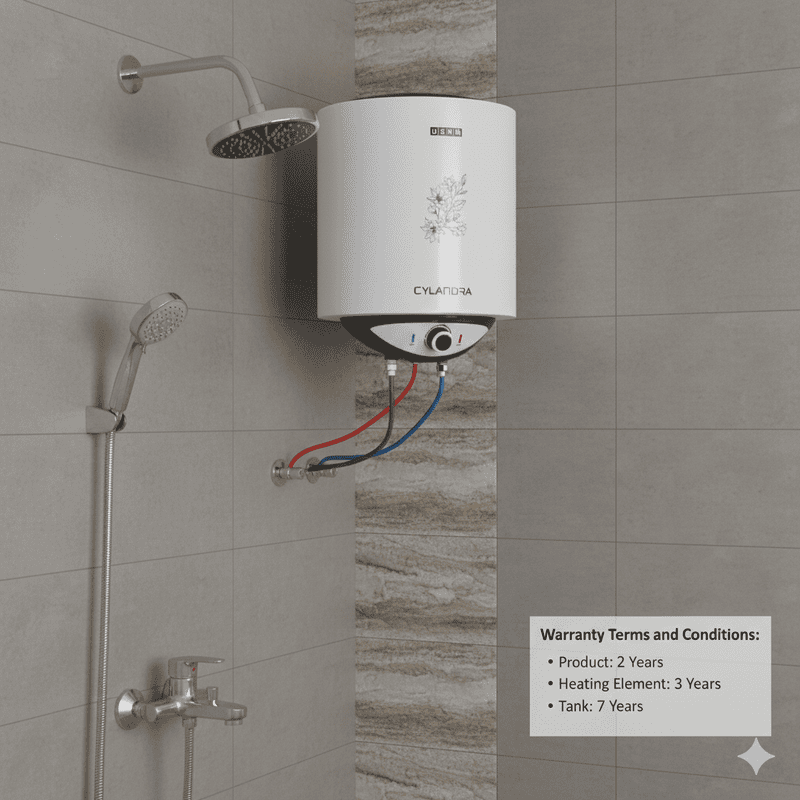 The complete Usha Cylandra 25-liter water heater unit against a plain background.