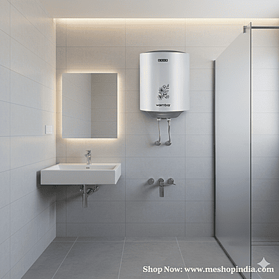 A sleek and cylindrical Usha Warmboy 25L geyser ready to provide hot water.