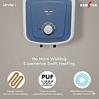 Angled view of the Kenstar Serene+ 10L geyser highlighting its sleek, vertical design.