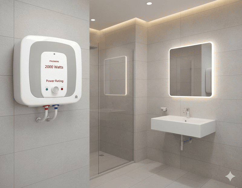 The powerful 2000 Watts heating element of the Padmini Electric Water Heater Pluto 25L.