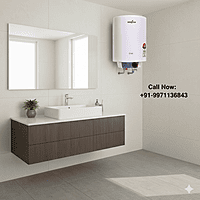 The Kenstar Star F 15L water heater shown in a modern bathroom setting. The Kenstar Star F 15L water heater shown in a modern bathroom setting.