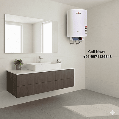 The Kenstar Star F 15L water heater shown in a modern bathroom setting.