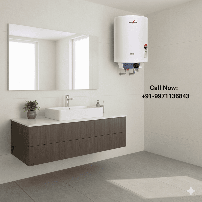 The Kenstar Star F 15L water heater shown in a modern bathroom setting.