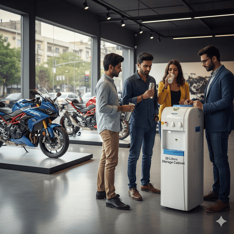 The 20-litre storage cabinet of the Voltas Minimagic Pure F shown open with pantry items inside.