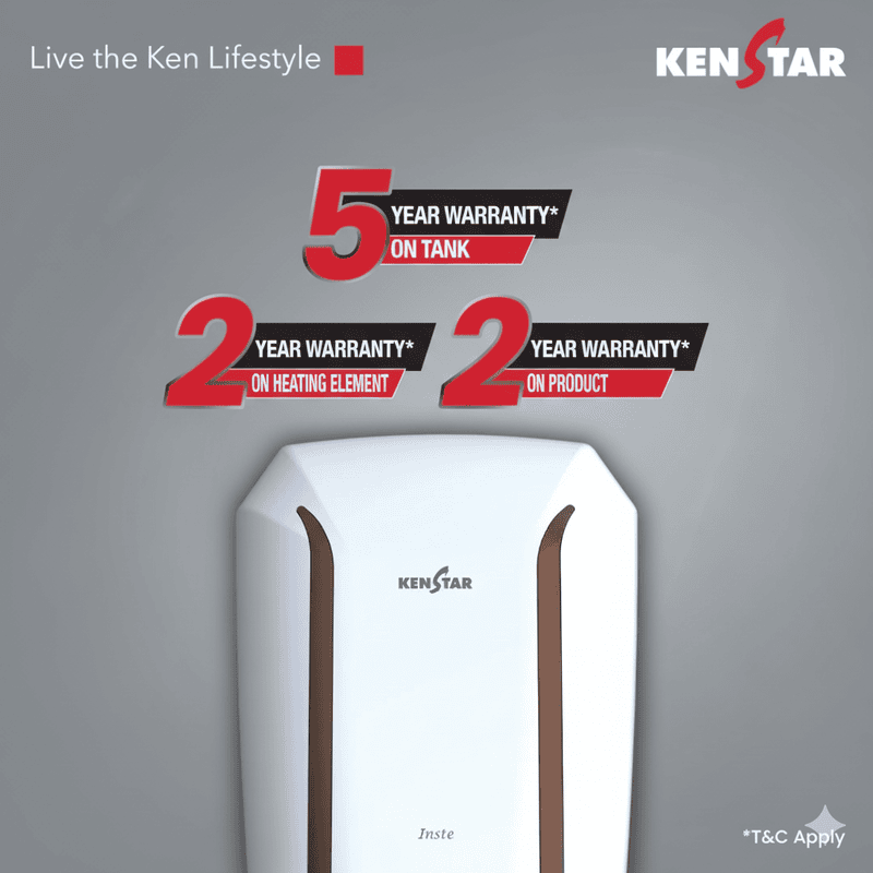 Compact Kenstar Inste 3 Liter water heater mounted on a kitchen wall.