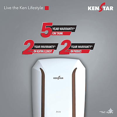 Kenstar Inste 5.9L water heater with its non-corrosive white plastic body.