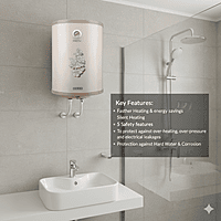 Usha 15L Misty water heater installed and ready for use in a bathroom. Usha 15L Misty water heater installed and ready for use in a bathroom.
