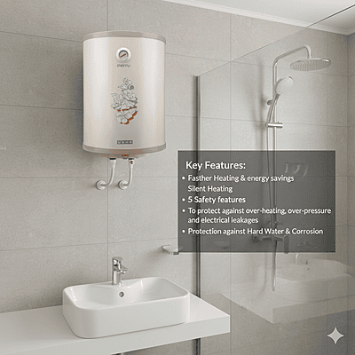 Usha 15L Misty water heater installed and ready for use in a bathroom.