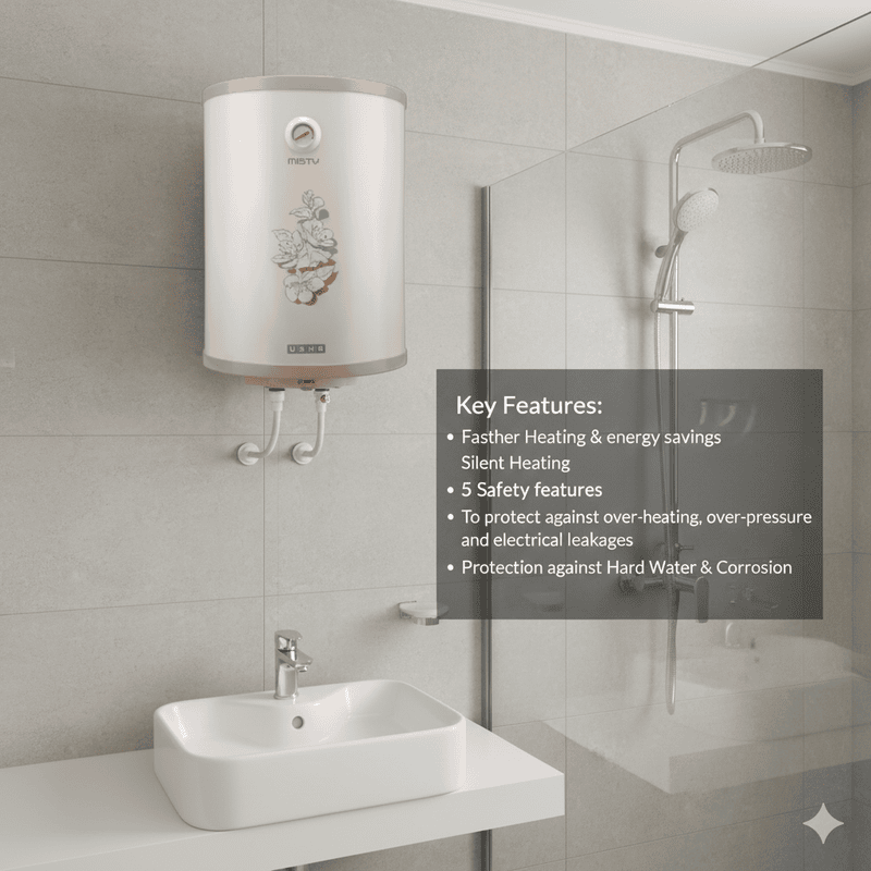 Usha 15L Misty water heater installed and ready for use in a bathroom.