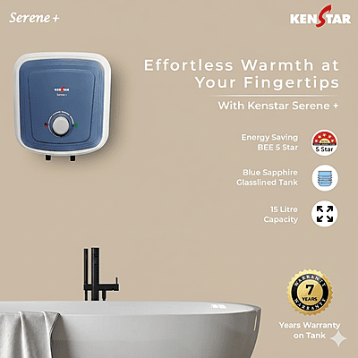 Three-quarter profile of the Kenstar Serene+ 10L storage water heater.