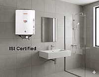 The ISI Certified logo on the shockproof body of the Padmini Majesty 15L geyser, ensuring safety. The ISI Certified logo on the shockproof body of the Padmini Majesty 15L geyser, ensuring safety.