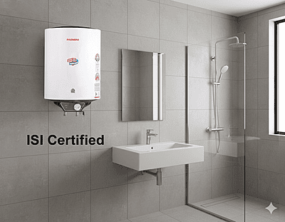 The ISI Certified logo on the shockproof body of the Padmini Majesty 15L geyser, ensuring safety. The ISI Certified logo on the shockproof body of the Padmini Majesty 15L geyser, ensuring safety.
