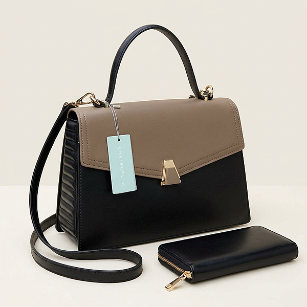 Chrisbella Two-Tone Structured Handbag with Matching Wallet