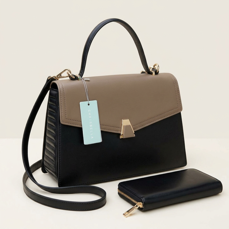 Chrisbella Two-Tone Structured Handbag with Matching Wallet
