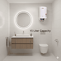 Close-up of the temperature and power indicator lights on the Kenstar 15L geyser. Close-up of the temperature and power indicator lights on the Kenstar 15L geyser.
