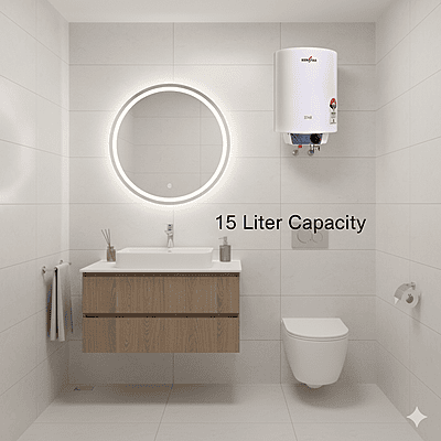 Close-up of the temperature and power indicator lights on the Kenstar 15L geyser.