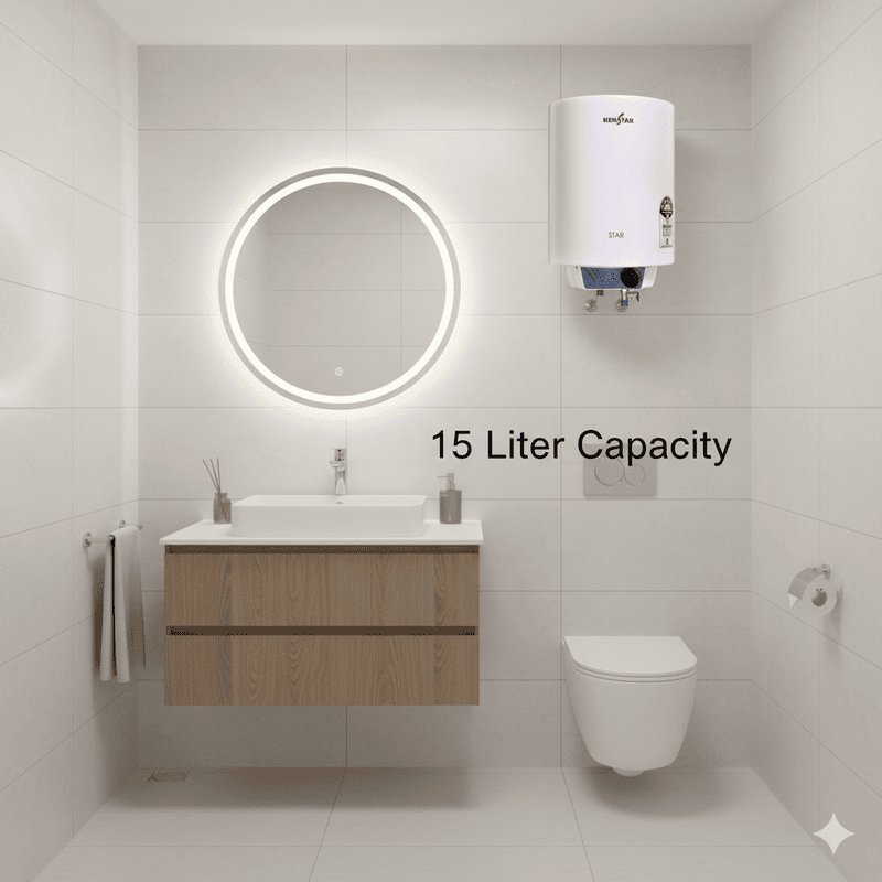 Close-up of the temperature and power indicator lights on the Kenstar 15L geyser.