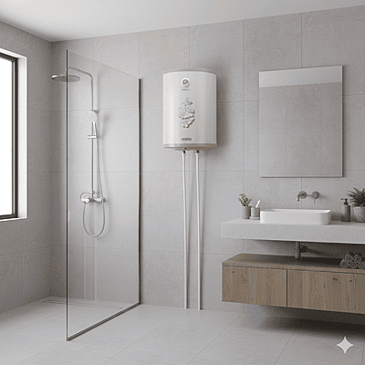 The power and heating indicator lights on the Usha 15L Misty water heater.