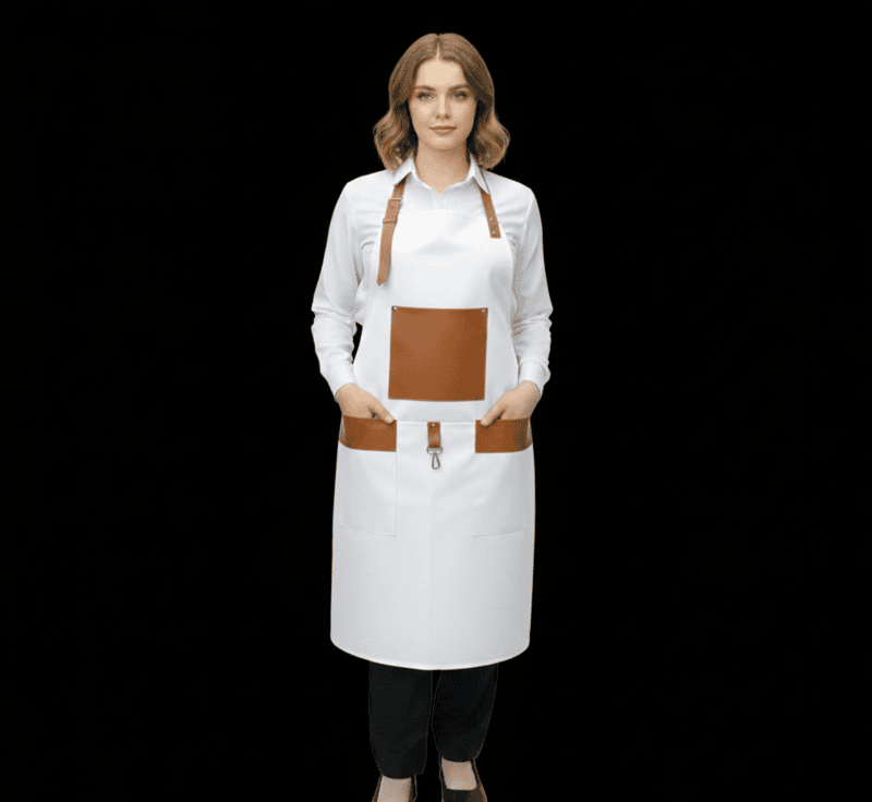 Unisex Professional Long Apron – Twill Cotton with Leather Trim Details
