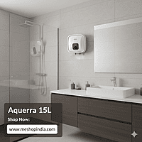 Angled shot of the Usha Aquerra 25L water heater showing its compact dimensions. Angled shot of the Usha Aquerra 25L water heater showing its compact dimensions.
