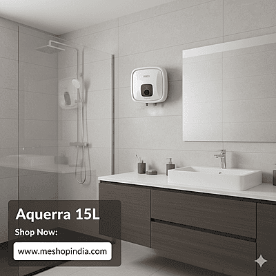 Usha Aquerra 15L electric water heater installed above a shower head.