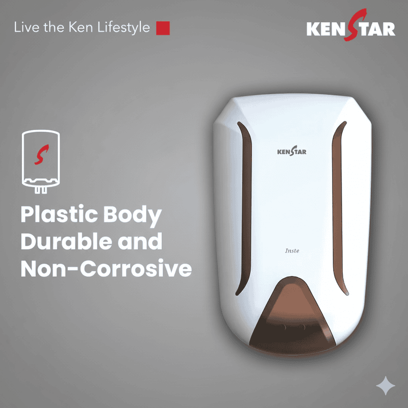 Close-up of the Kenstar Inste 3L geyser's power and heating indicator lights.