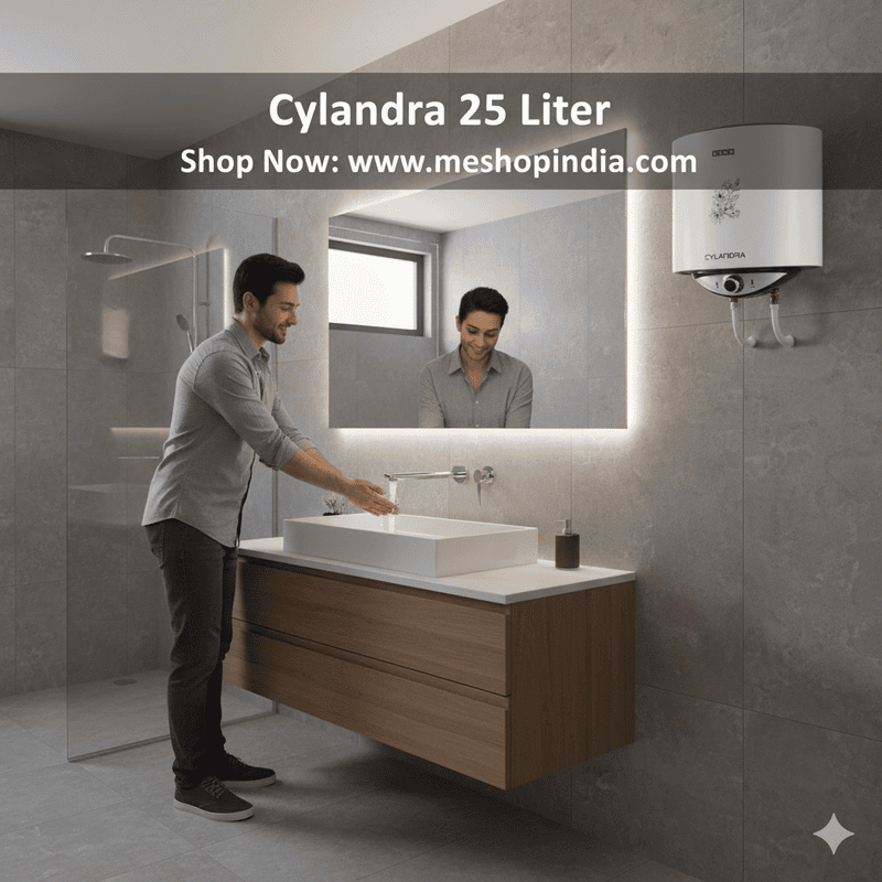 Usha Cylandra 25-liter geyser with its 5-star energy efficiency rating sticker visible.